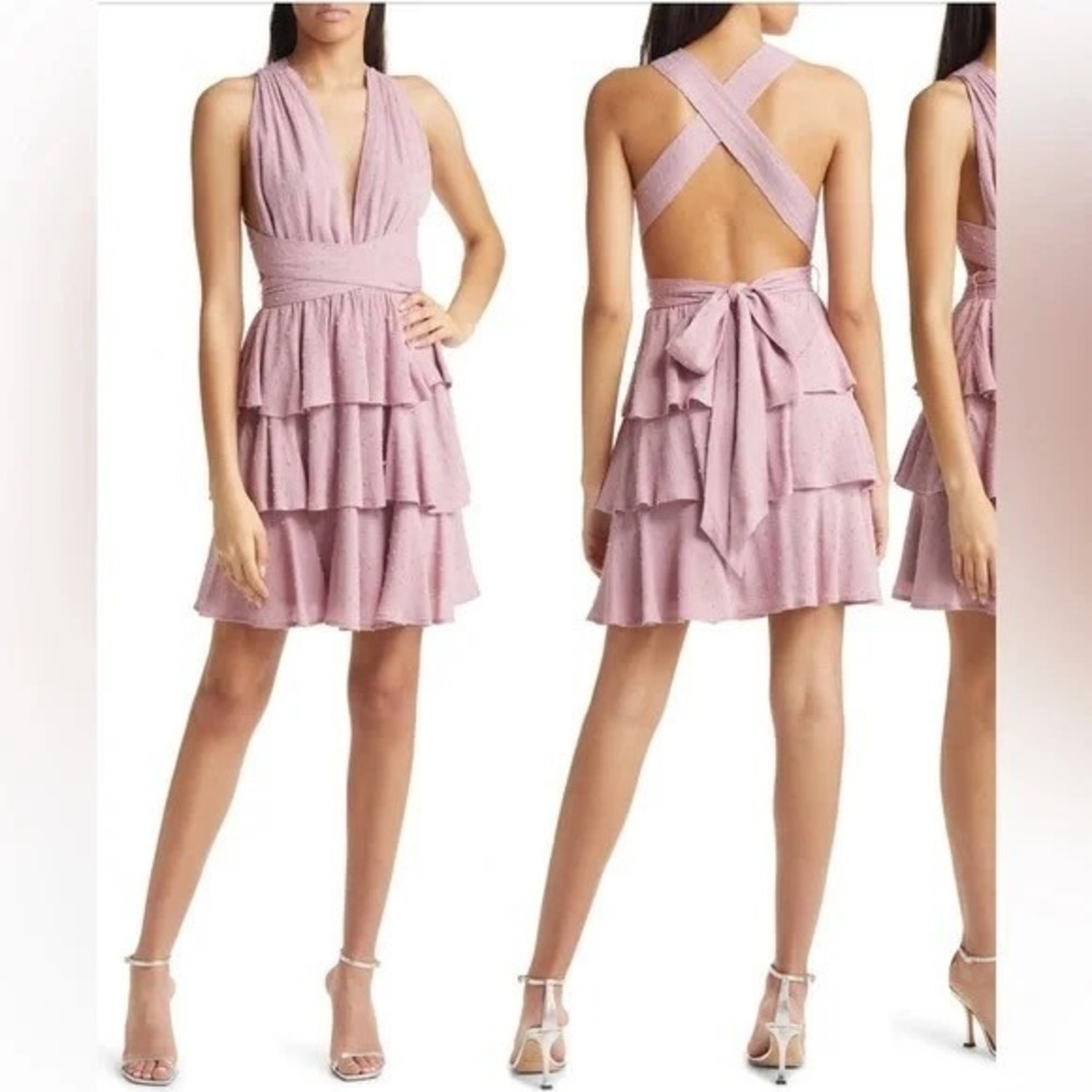 Lulus Blush Pink Textured Mini Dress Open Back Tiered Skirt Size M NWT